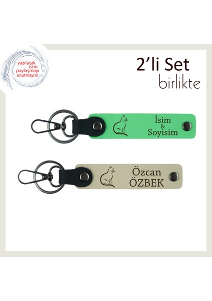 Patili Enerjiyi Sevenlere, Kedi Temalı, Kişisel Isimli Deri Anahtarlık, Fıstık Yeşil-Sütlü Kahve