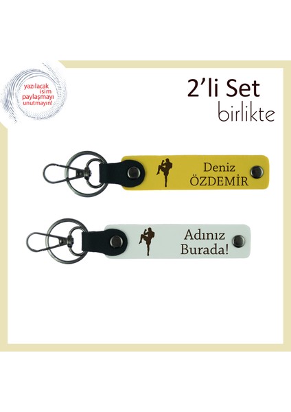 Kickboks Temalı Cesaret Dolu Hediye, Erkek Sevgiliye Kişisel Isimli Anahtarlık Takım, Sarı-Beyaz