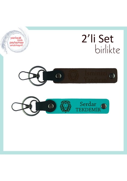 Aslan Temalı Hediye, Erkek Sevgiliye Kişisel Yazılabilir Deri Anahtarlık, Koyu Kahve-Koyu Turkuaz