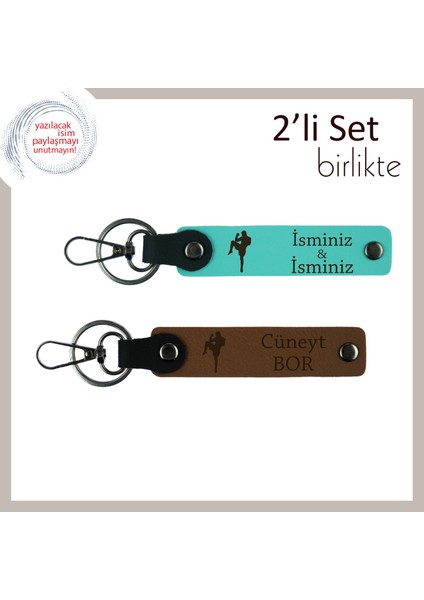 Kickboks Temalı Doğum Günü Hediyesi, Erkek Sporcuya Uygun Isim Yazılı Anahtarlık, Turkuaz-Açık Kahve