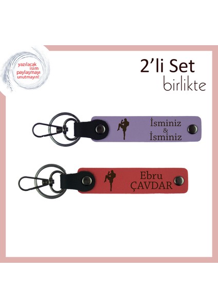 Erkek Sporcuya Güç ve Duruş Temalı Hediye, Boks Figürlü Deri Anahtarlık, Mor Menekşe-Nar Çiçeği