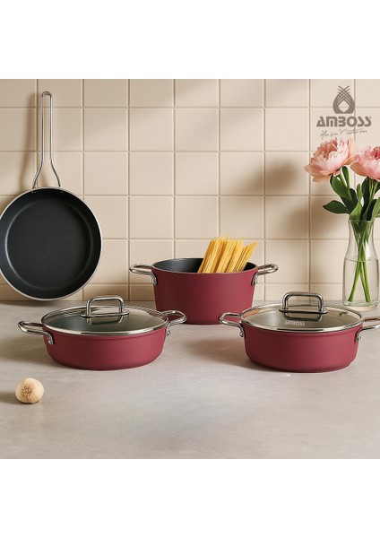 Anyolin 7 Parça Titanyum Kaplama Tencere Tava Seti (Bordo)