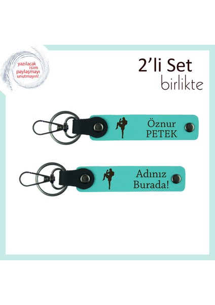 Boks Motifli Cesaret Temalı Armağan, Erkek Sporcuya Uygun Deri Anahtarlık, Turkuaz-Turkuaz