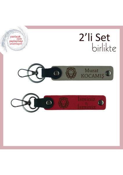 Aslan Motifli Seçkin Hediyelik, Erkek Tarzına Uygun 2’li Deri Anahtarlık, Kül Gri-Kırmızı