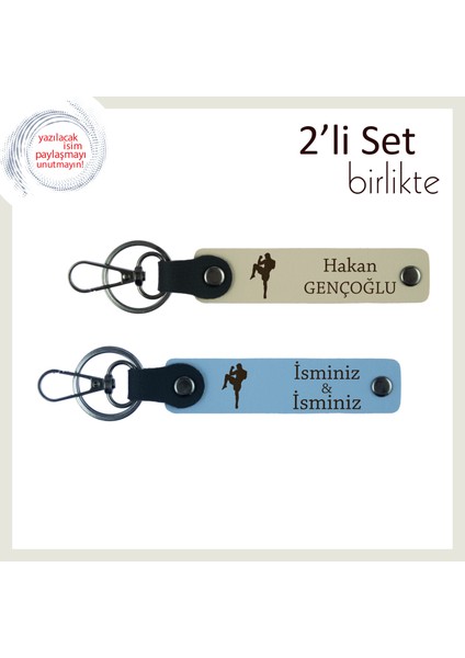 Erkek Arkadaşa Cesaret Temalı Spor Hediyesi, Boks Figürlü Kişisel Deri Anahtarlık, S Kahve-Gök Mavi