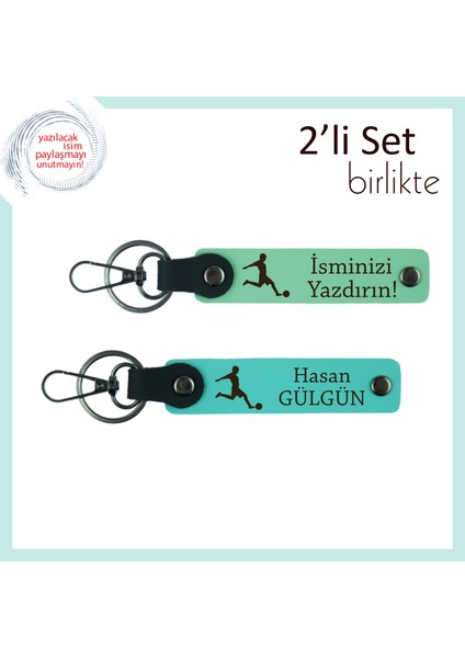 Futbol Figürlü Deri Anahtarlık, Erkek Kardeşe Isim Yazılabilir Tarz Sahibi Hediye, A Yeşil-Turkuaz