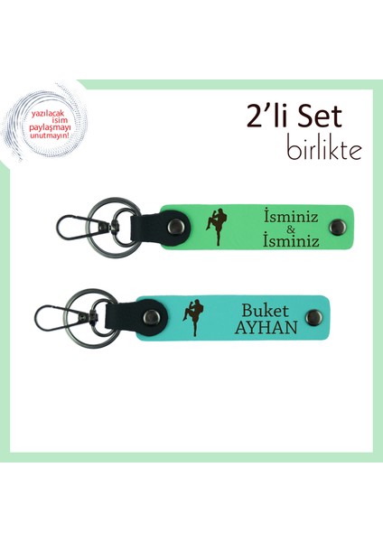 Dövüş Sporlarıyla Uğraşanlara Seçkin Hediyelik, Kişisel Deri Anahtarlık Takımı, Fıstık Yeşil-Turkuaz