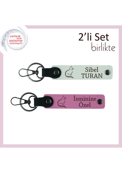 Mırlayan Enerjiyle Hazırlanmış, Kedili, Kişisel Yazılı Deri Anahtarlık, Beyaz-Pembe