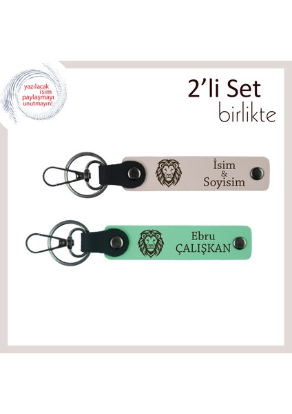 Aslan Figürlü Erkek Sevgiliye Hediye, Karizmatik Yazı Eklenebilir Deri Set, Pudra-Açık Yeşil