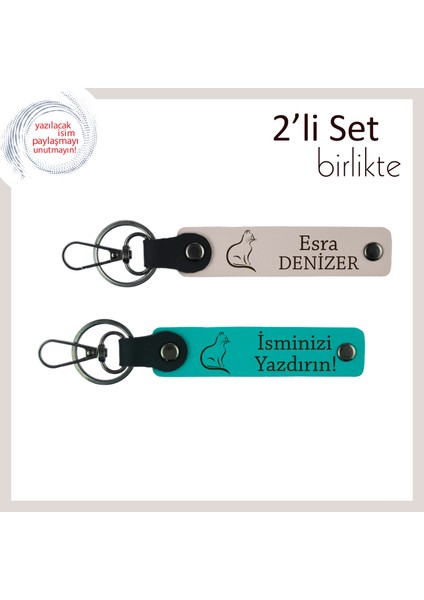 Kedili Hediye Kutusunun Yıldızı, Sevimli Desen, Isme Özel Anahtarlık, Pudra-Koyu Turkuaz