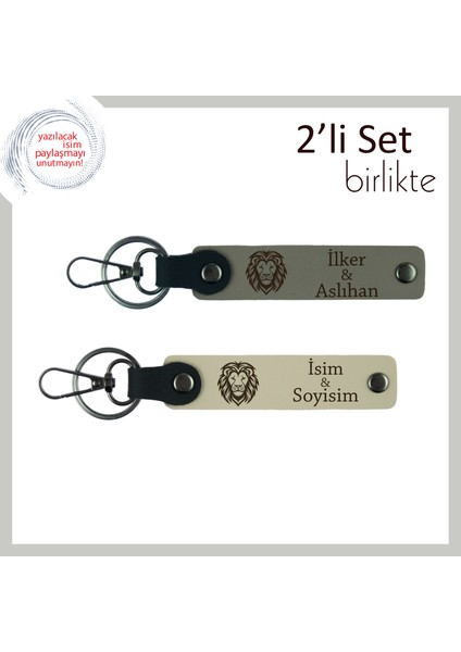 Aslan Desenli, Erkek Kardeşe Özel Hediye, 2’li Kişisel Deri Anahtarlık, Kül Gri-Sütlü Kahve