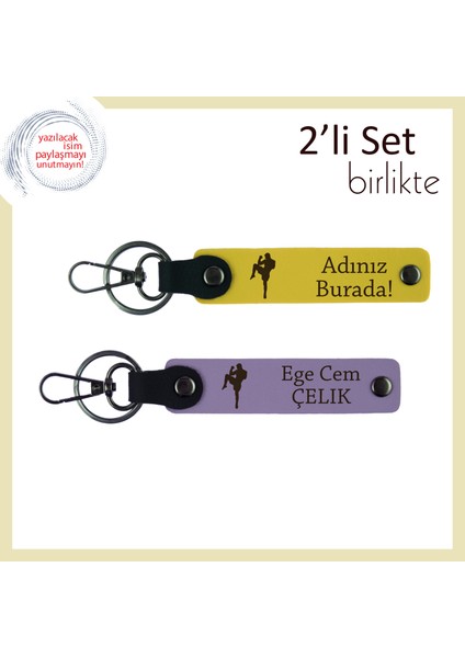 Kickboks Figürlü Sporcu Hediyesi, Erkek Tarzına Özel Isim Yazılabilir Anahtarlık, Sarı-Mor Menekşe