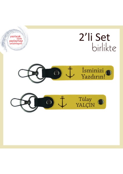 Yelkenli Aşkına Uygun Hediye, Isme Özel Çapa Motifli Deri Anahtarlık Takımı, Sarı-Sarı