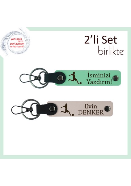 Futbol Figürlü Klasik Hediyelik, Erkek Arkadaşa Isme Yazılabilir Anahtarlık Set, Açık Yeşil-Pudra
