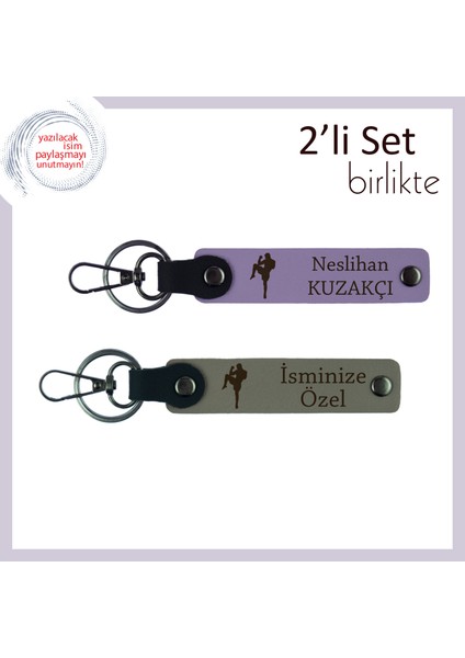 Kickboks Temalı Hediyelik Anahtarlık, Erkek Arkadaşa Kişisel Yazı Eklenebilir Set, Mor Menekşe-K Gri