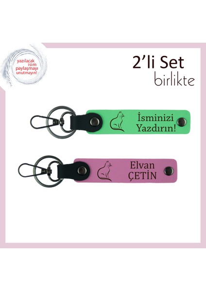 Kedili Stiline Yakışan, Patili Temalı, Kişisel Yazılı Anahtarlık Hediyesi, Fıstık Yeşil-Pembe