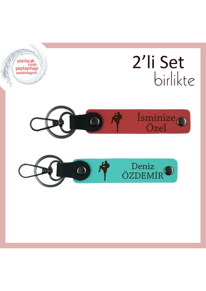 Erkek Sevgiliye Cesaret Vurgulu Boks Figürlü Anahtarlık, Yazı Eklenebilir Set, Nar Çiçeği-Turkuaz