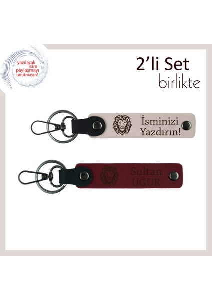 Aslan Temalı Tarz Sahibi Deri Set, Erkek Tarzına Hitap Eden 2’li Anahtarlık, Pudra-Bordo