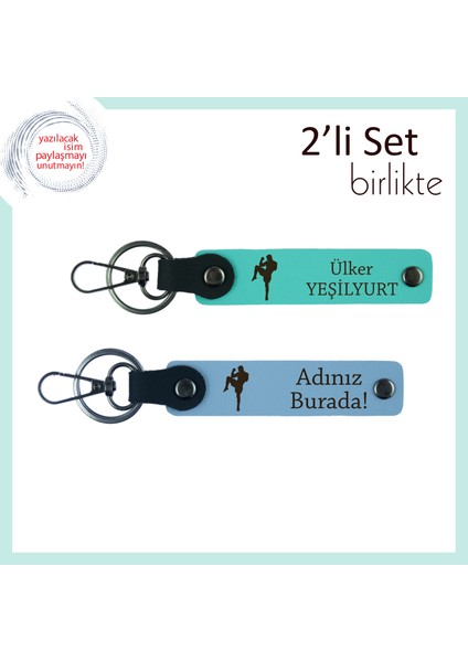 Erkek Kardeşe Boks Motifli Anlamlı Armağan, Yazılabilir Deri Anahtarlık Seti, Turkuaz-Gök Mavi