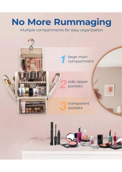 Tuvalet Çantası Seyahat Makyaj Çantası Askılı Kancalı, Kozmetik Çantası Yapım Düzenleyici Kutusu, Büyük Kapasiteli Krem Beyaz (Yurt Dışından) modelleri