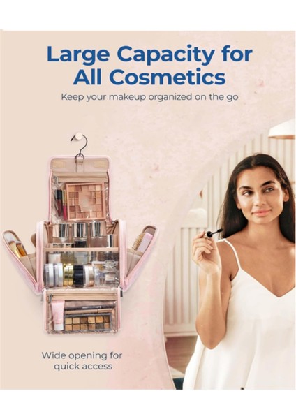 Tuvalet Çantası Seyahat Makyaj Çantası Askılı Kancalı, Kozmetik Çantası Yapım Düzenleyici Kutusu, Büyük Kapasiteli Pembe (Yurt Dışından) fırsatları