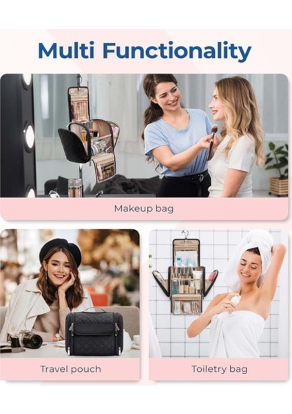 Tuvalet Çantası Seyahat Makyaj Çantası Askılı Kancalı, Kozmetik Çantası Yapım Düzenleyici Kılıf, Büyük Kapasiteli Siyah (Yurt Dışından) indirimleri