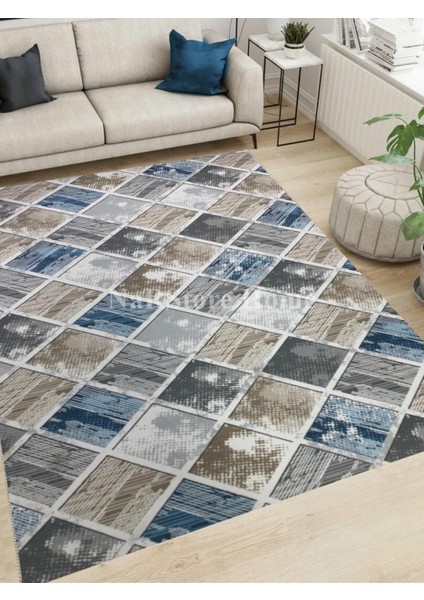 Elit Kahve Mavi Geometrik Desenli Yıkanabilir Kaymaz Taban Kesme Yolluk Halı fırsatları