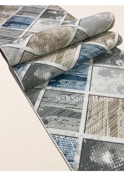 Elit Kahve Mavi Geometrik Desenli Yıkanabilir Kaymaz Taban Kesme Yolluk Halı