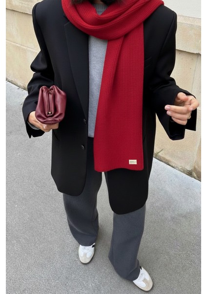 Kırmızı Triko Örgü Atkı Şal Omuz Şalı