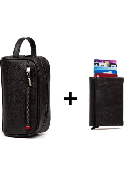 Erkek Deri Mekanizmalı Cüzdan ve Portföy Clutch Traş Kozmetik Bakım ve Günlük El Çantası (14X24CM) NEW171 - Siyah - Siyah