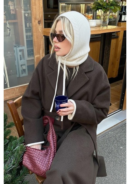 Ekru Triko Örgü Balaclava Bere Şapka