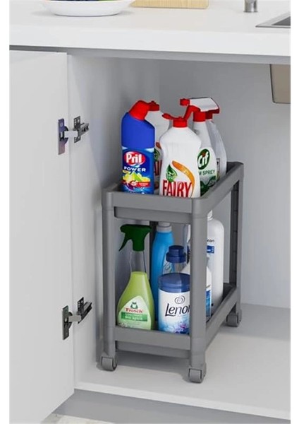 2 Katlı Tekerlekli Tezgah Altı Gri Banyo Mutfak Rafı MIT1123 modelleri