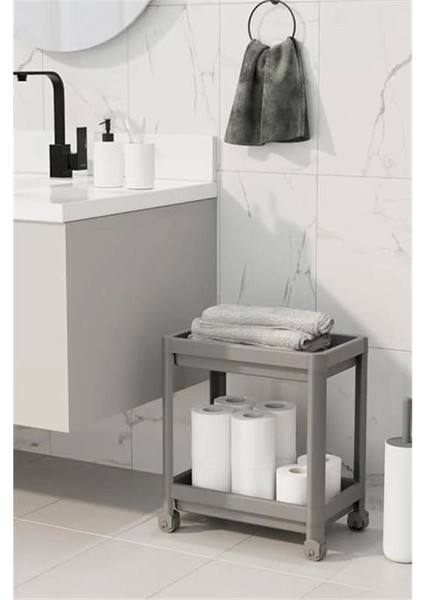 2 Katlı Tekerlekli Tezgah Altı Gri Banyo Mutfak Rafı MIT1123 indirimleri