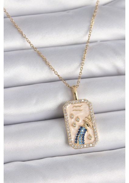 316L Çelik Gold Renk Zincir Kova Burcu Zirkon Taşlı Kadın Kolye - Lisinya