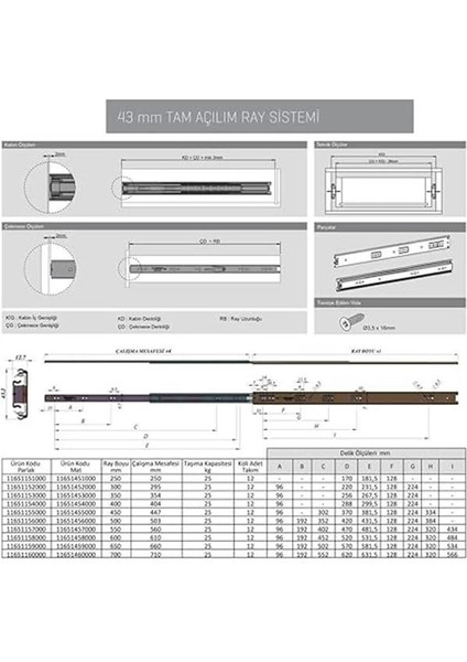 Galvanizli Teleskopik Çekmece Rayı 43X400
