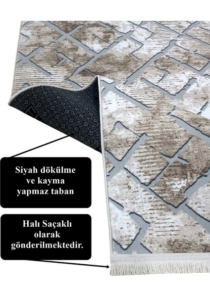 Kahve Gri Saçaklı Kaymaz Taban Yıkanabilir Kesme Yolluk Salon Mutfak Oturma Odası Halı