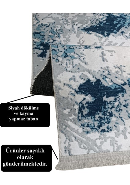 Mavi Gri Saçaklı Kaymaz Taban Yıkanabilir Kesme Yolluk Halı modelleri