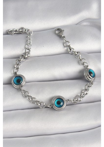 316L Çelik Gümüş Renk Zincir Model Nazar Boncuklu Kadın Bileklik - Lisinya