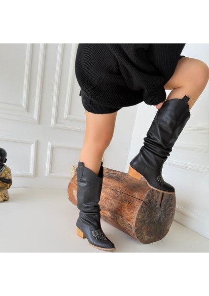 Jeoni Siyah Cilt Topuklu Çizme - Lisinya fırsatları