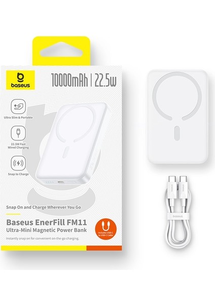 Enerfill FM11 Ultra-Mini Magnetic Super Hızlı Power Bank Type-C Çıkışlı 10000MAH 22.5W Beyaz (Içinde Type-C Den Type C Ye Şarj Kablosu Mevcut)