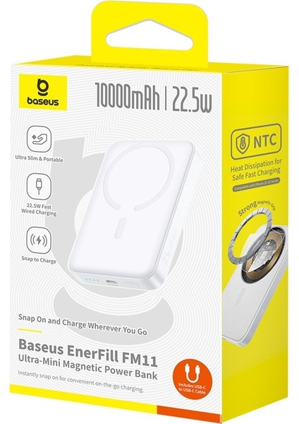 Enerfill FM11 Ultra-Mini Magnetic Super Hızlı Power Bank Type-C Çıkışlı 10000MAH 22.5W Beyaz (Içinde Type-C Den Type C Ye Şarj Kablosu Mevcut)