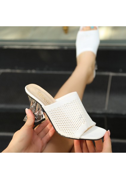 Akva Beyaz Triko Şeffaf Topuklu Terlik - Lisinya indirimleri