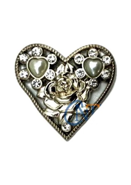 Taşlı Kalp Broş, Kutu, Sandık Süsü - Nikel, 1 Adet - Lisinya