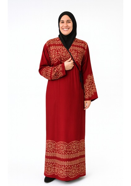 Geometrik Desenli Kruvaze Namaz Elbisesi – Yandan Bağlamalı, Rahat Kalıp 36–46 Beden modelleri