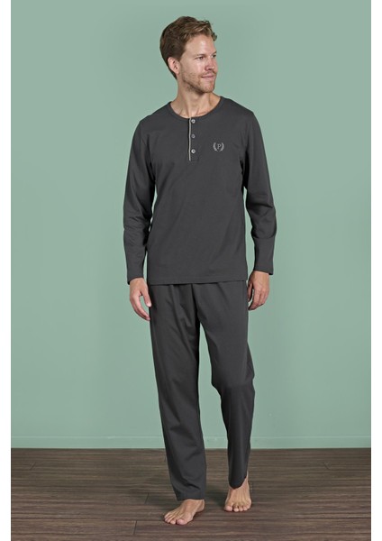 Erkek Füme Uzun Kollu Düğmeli Pijama Takımı C4T6N91