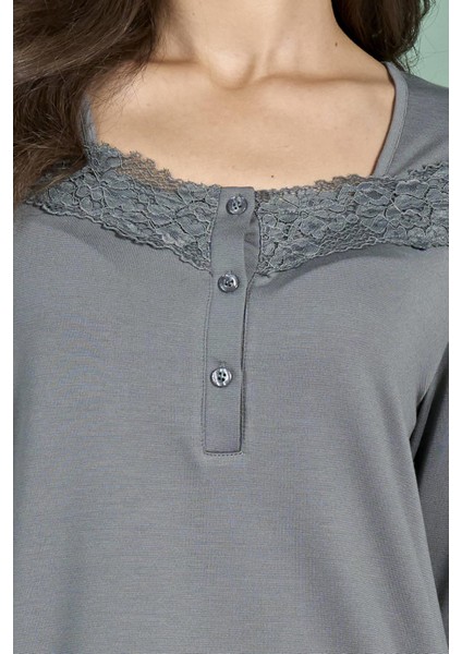 Kadın Yeşil Renk Dantel Detaylı Uzun Kollu Pijama Takımı C6T6N91 indirimleri