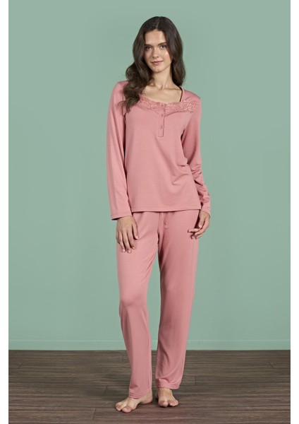 Kadın Pembe Dantel Detaylı Uzun Kollu Pijama Takımı C6T6N91