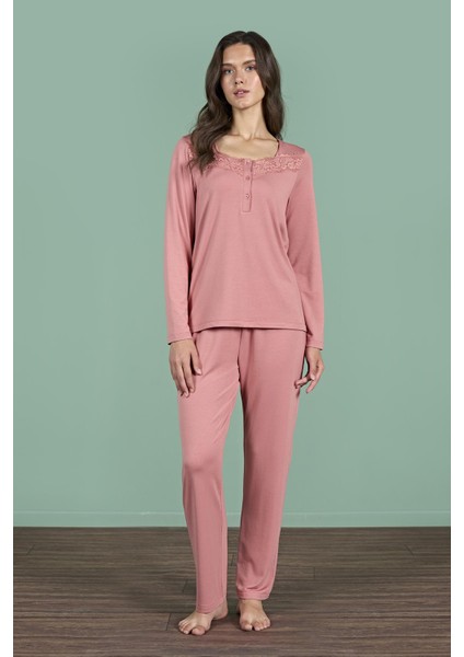 Kadın Pembe Dantel Detaylı Uzun Kollu Pijama Takımı C6T6N91 fiyatları