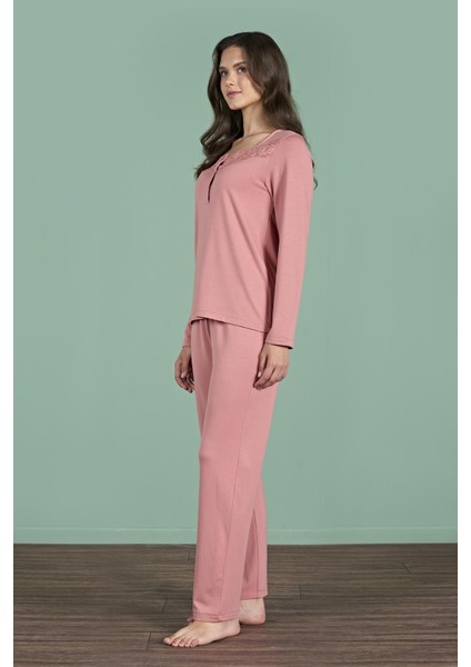 Kadın Pembe Dantel Detaylı Uzun Kollu Pijama Takımı C6T6N91 fırsatları