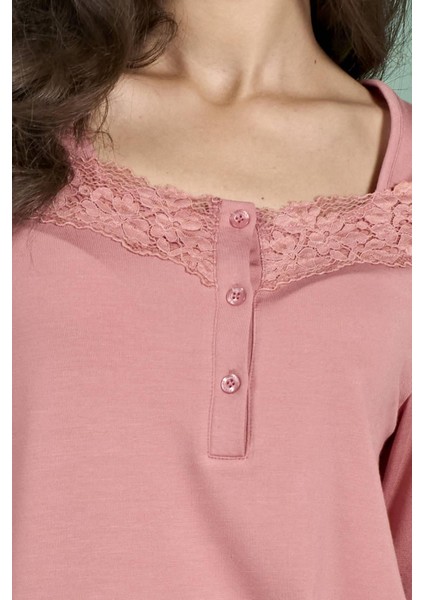Kadın Pembe Dantel Detaylı Uzun Kollu Pijama Takımı C6T6N91 indirimleri
